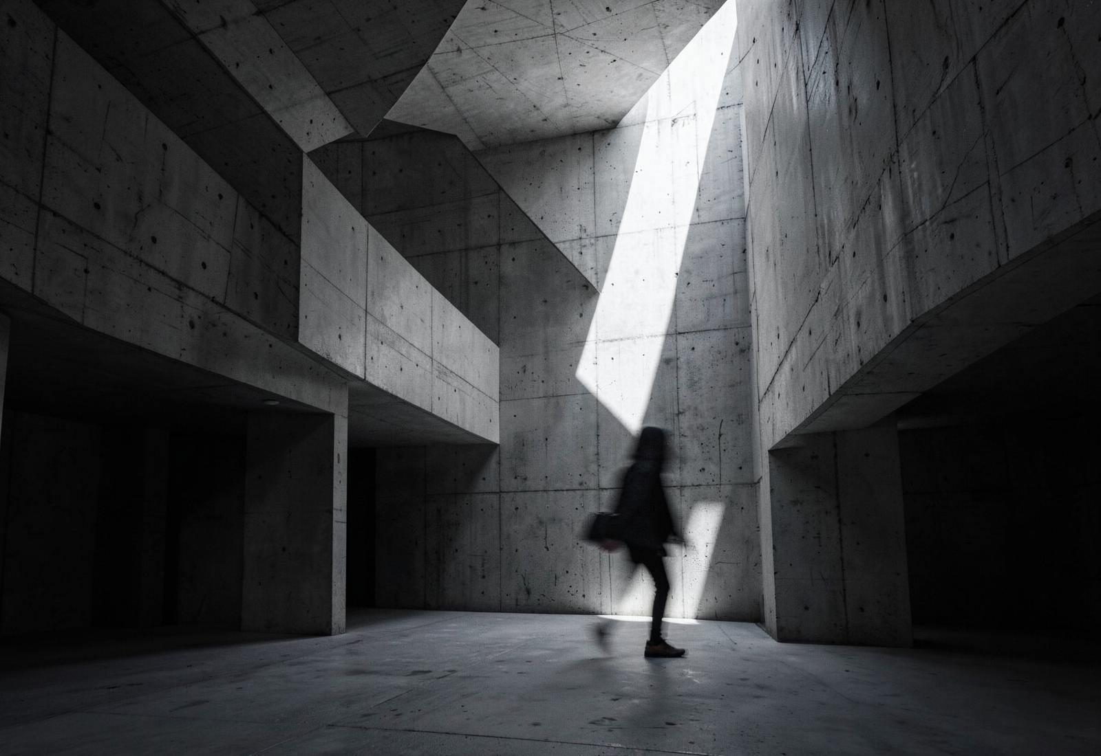 A figure walking through a concrete atrium cut by a shaft of daylight